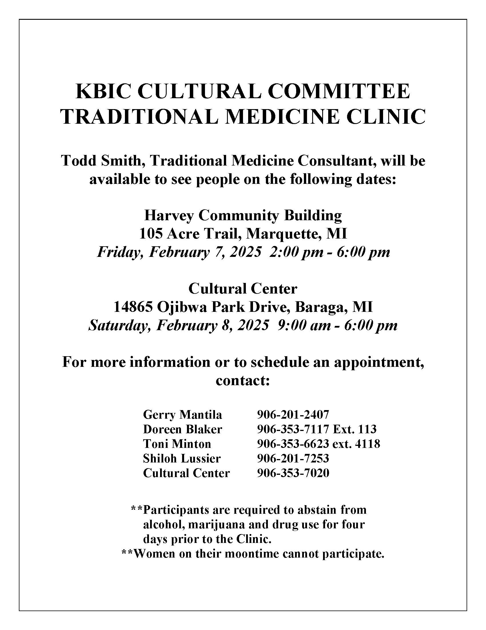 KBIC Traditional Medicine Clinic notice