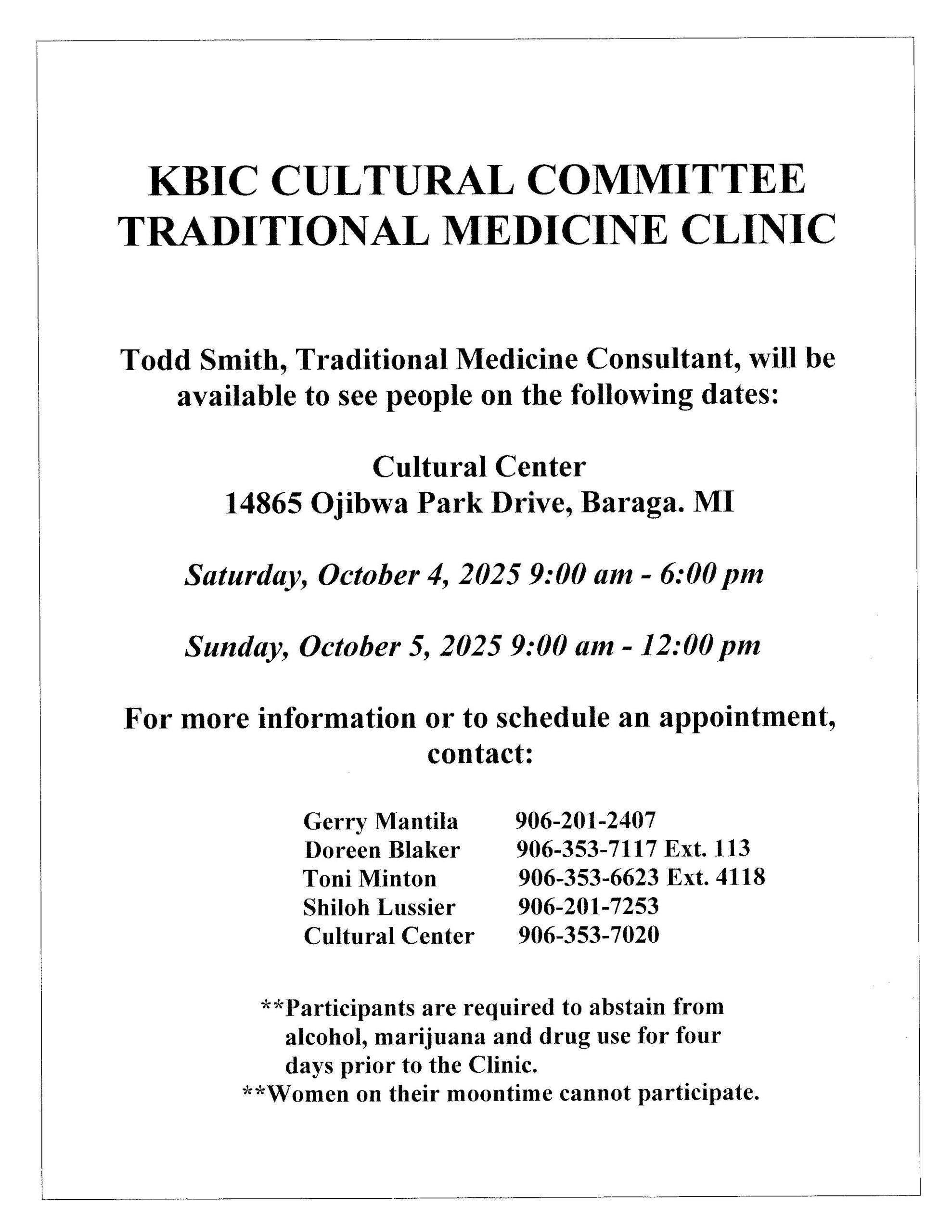 KBIC Cultural Committee Traditional Medicine Clinic notice