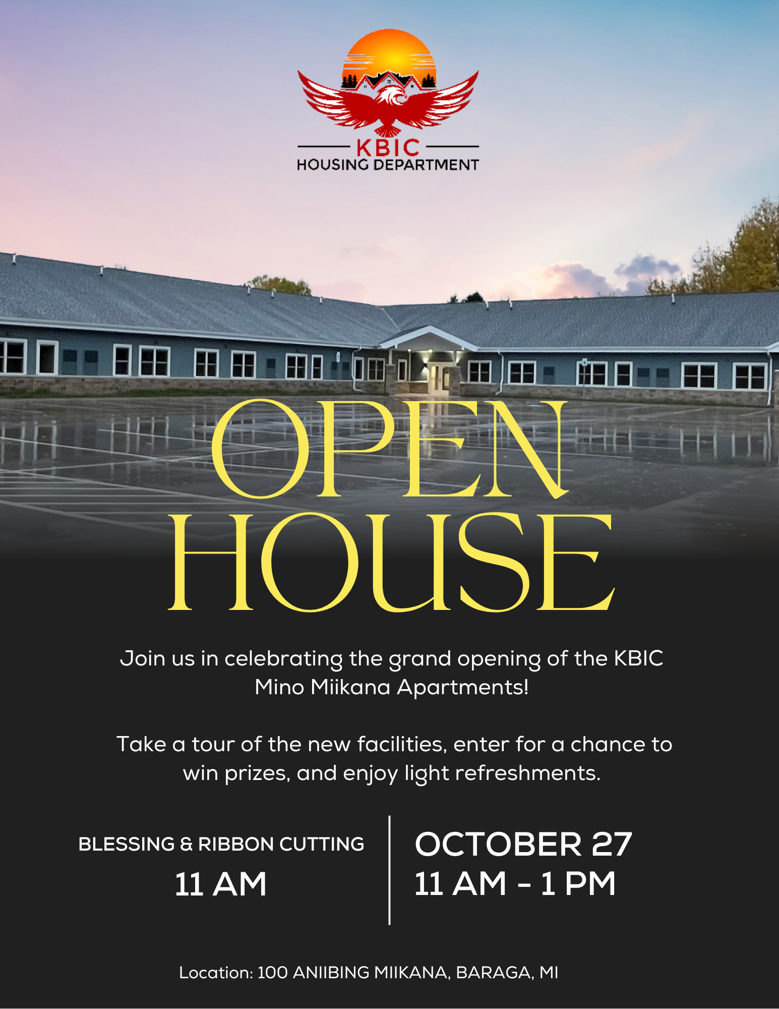 Open House celebrating the grand opening of the KBIC Mino Miikana Apartments event notice