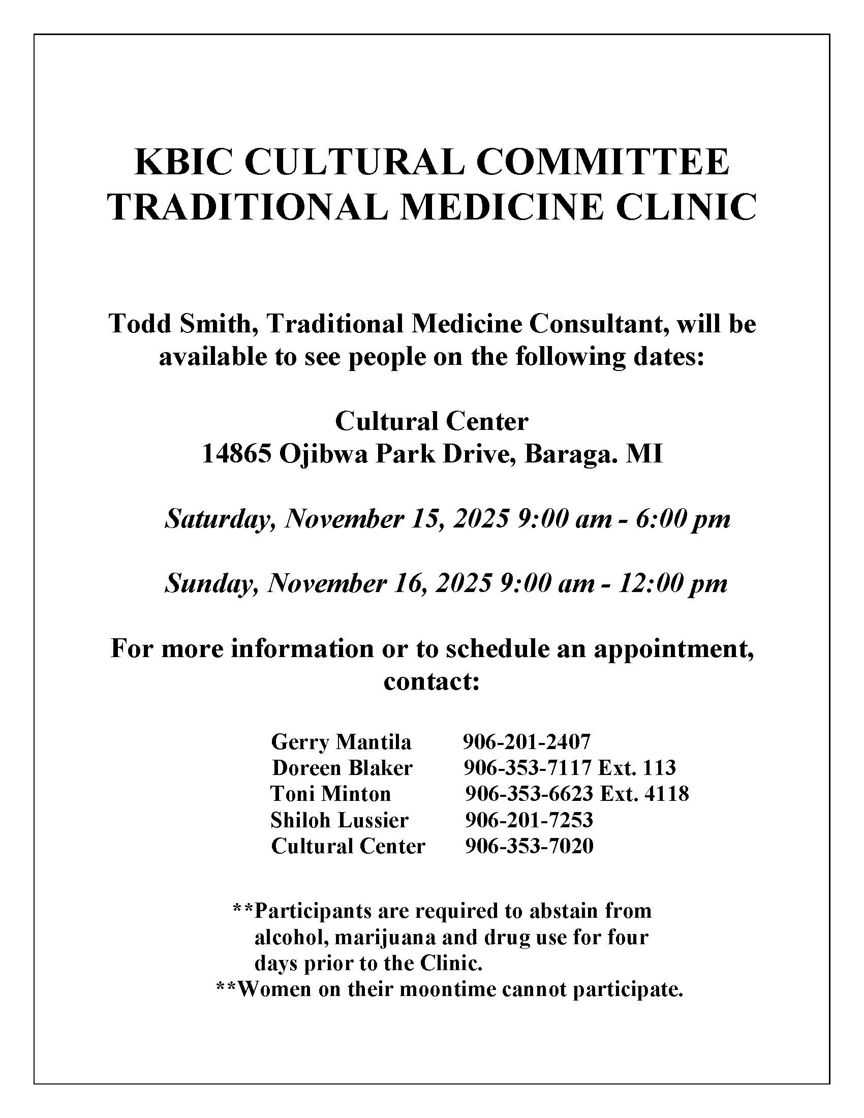 KBIC Cultural Committee Traditional Medicine Clinic schedule notice