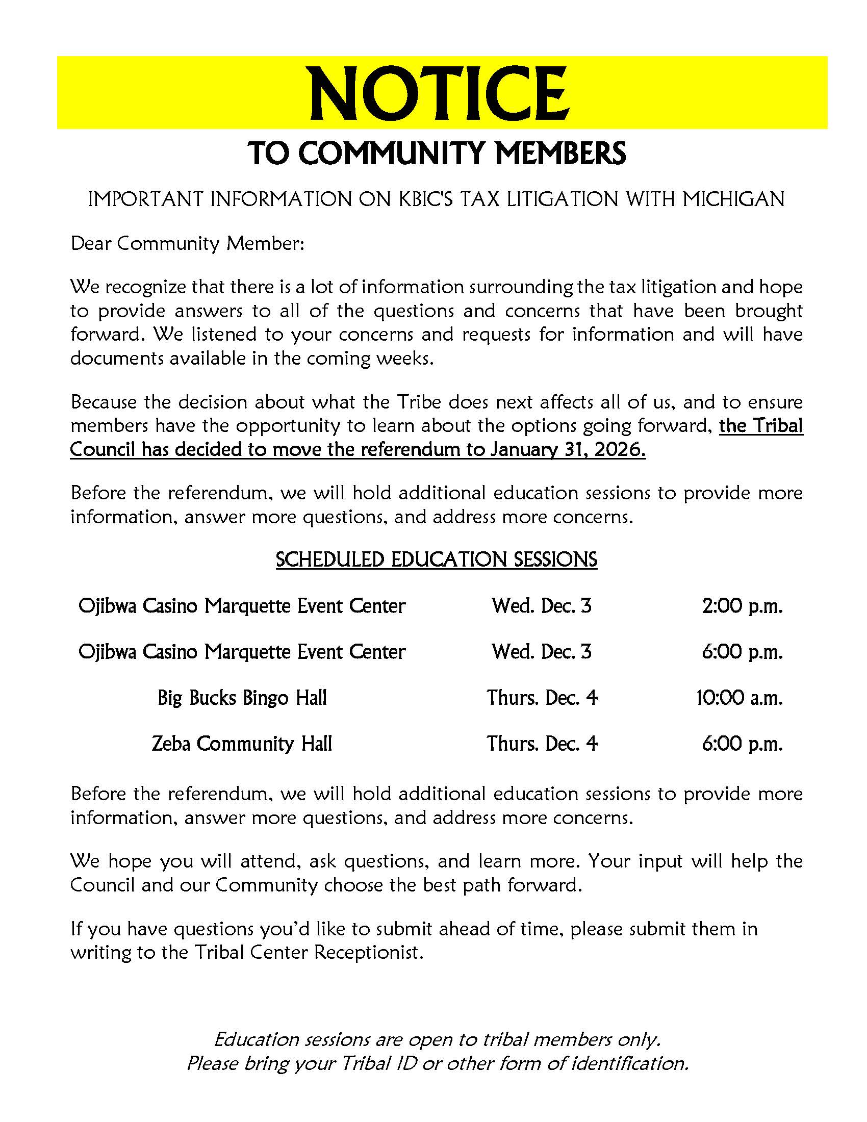 Important Information on KBIC's Tax Litigation with Michigan notice