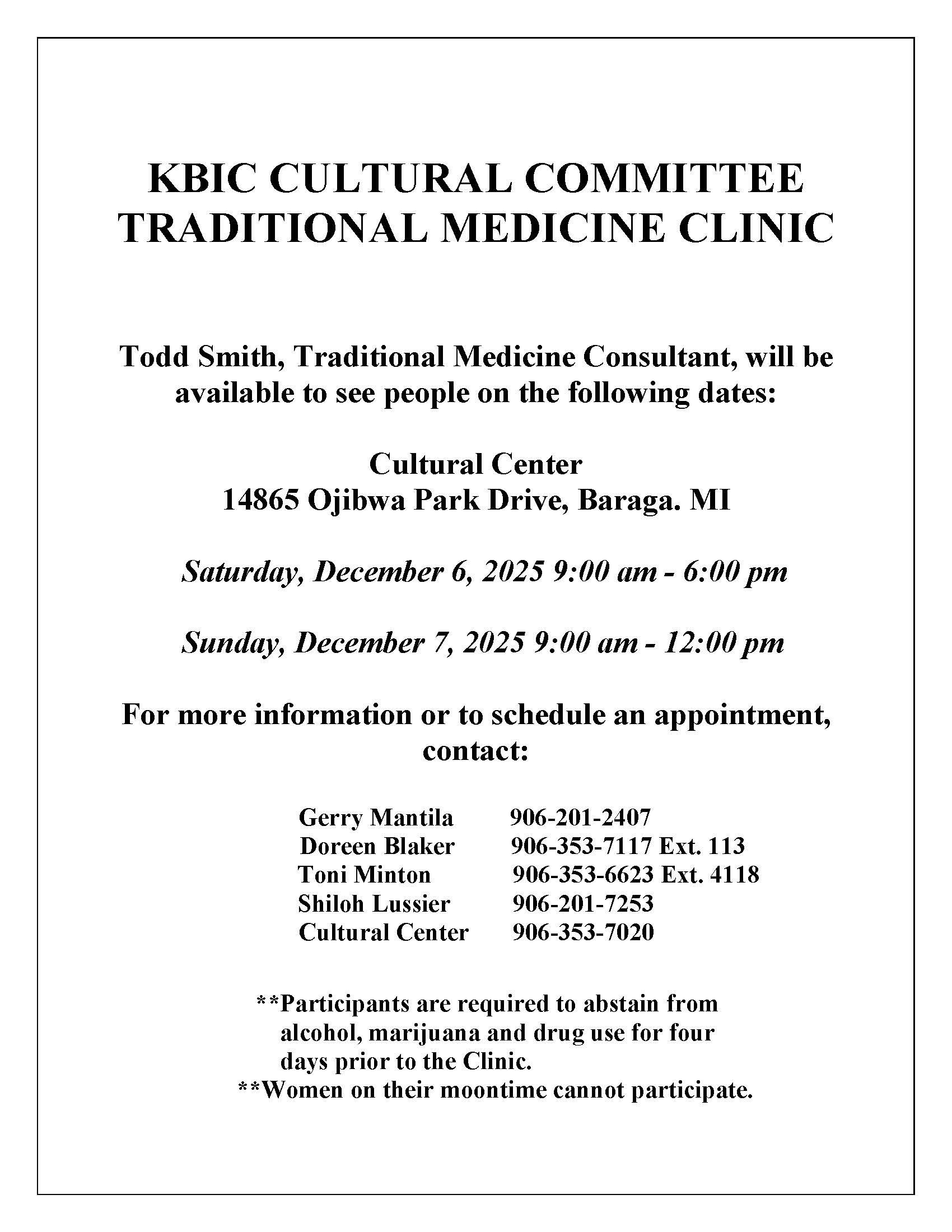KBIC Cultural Committee Traditional Medicine clinic notice
