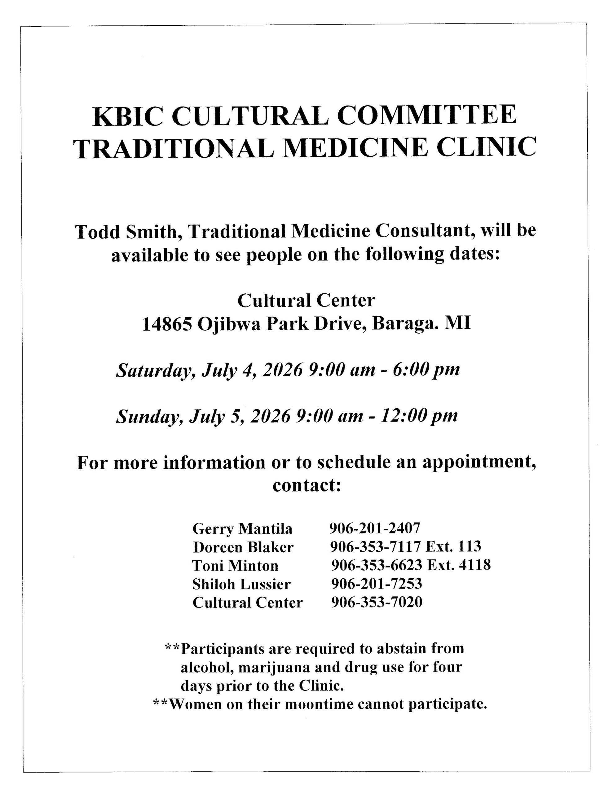 KBIC Cultural Committee Traditional Medicine Clinic, Todd Smith, Traditional Medicine Consultant notice