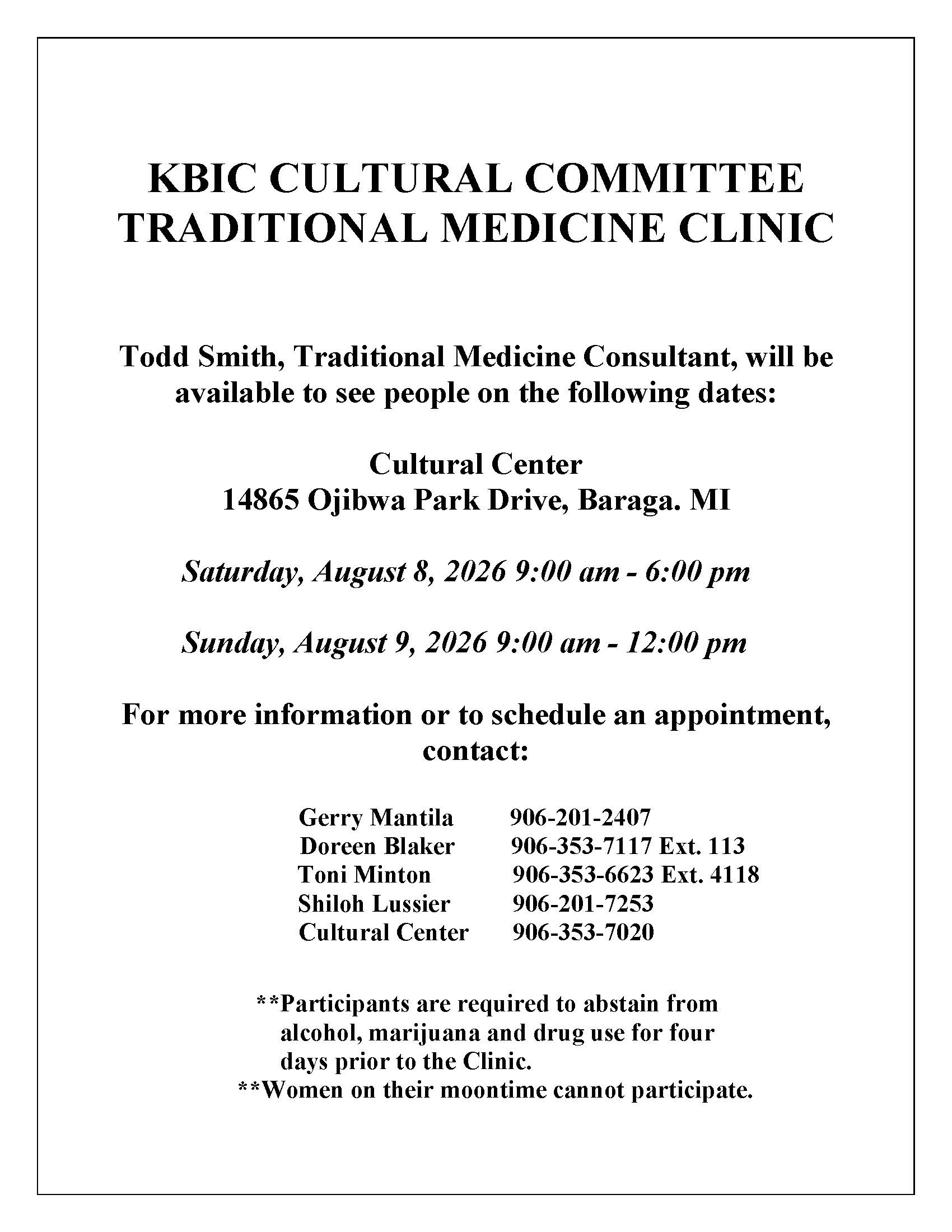 KBIC Culteral Committee Traditional Medicine Clinic event notice