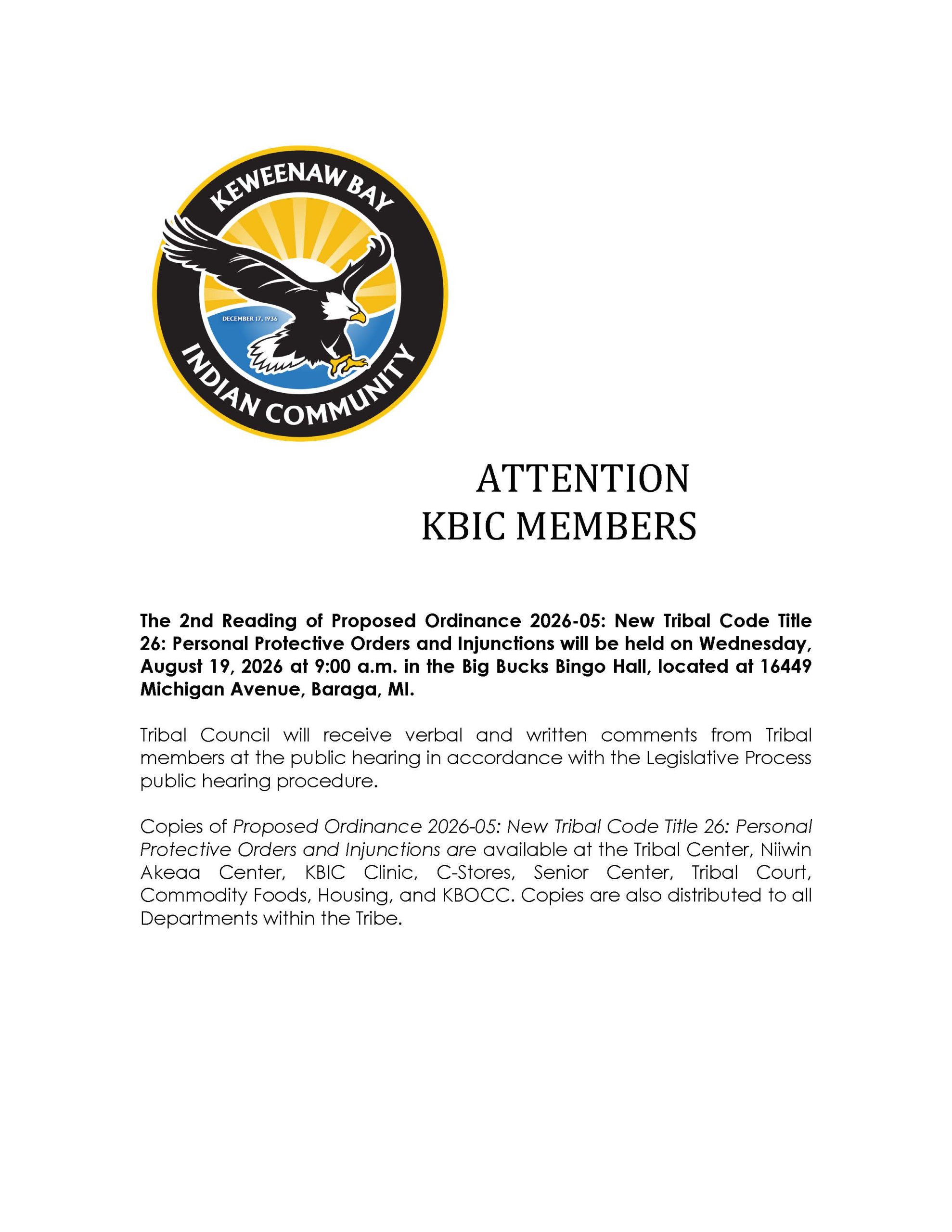 Public Notice for the 2nd Reading of 2026-05 New Tribal Code Title 26 Personal Protective Orders and Injunctions